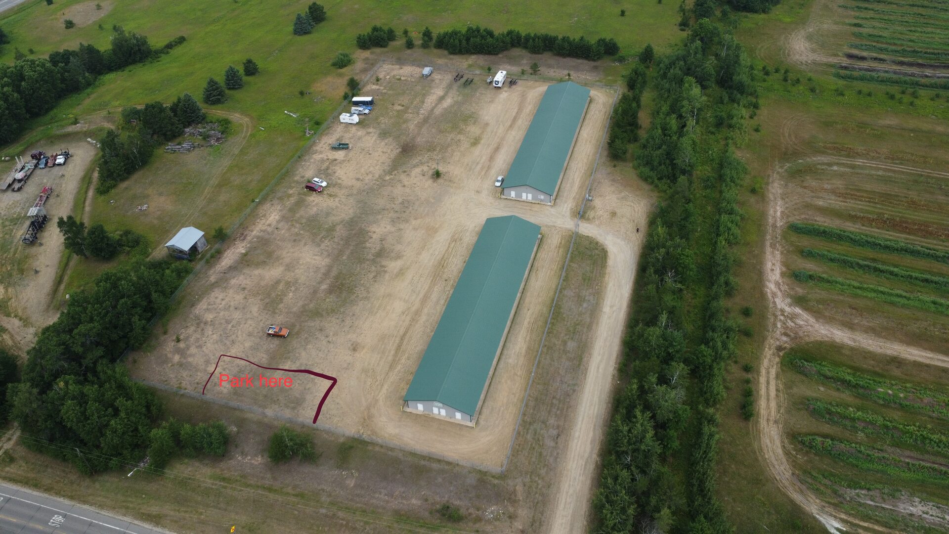 Overhead drone view of Pleasant Lake Storage facility layout